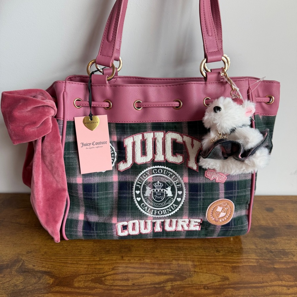New Juicy Couture Varsity Plaid Pink Green Daydreamer Tote Shoulder Handbag Cute